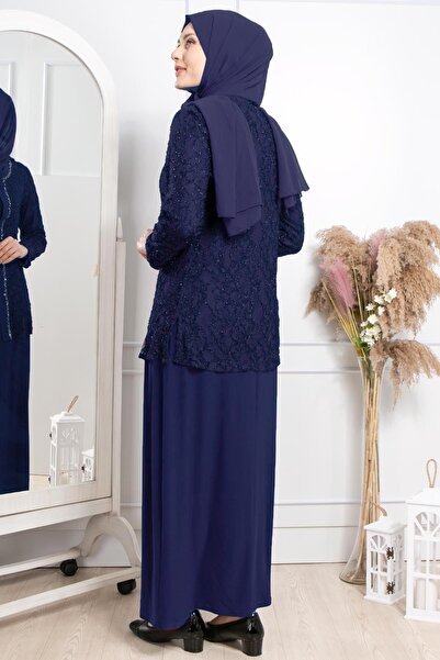 SUBU TASARIM Stone Embroidery Detailed Glitter Evening Dress Navy Blue Tbsmda2317