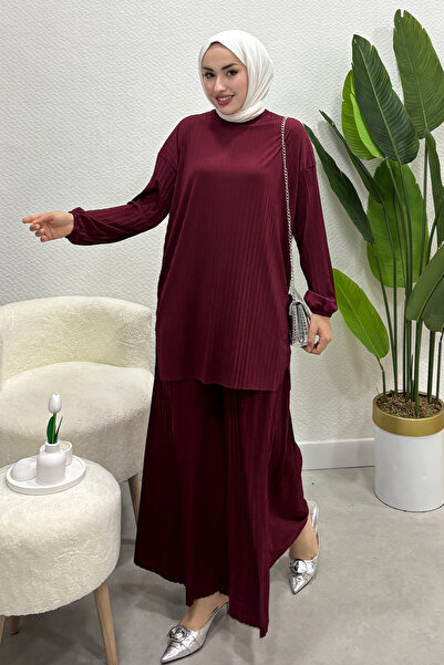 Tesettür Diyarı Yazlık İnce tril tril Sendy Kumaş Takım Kendinden Piliseli St...