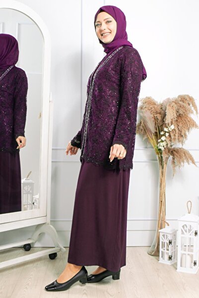 SUBU TASARIM Stone Embroidered Evening Dress Plum Tbsmda2309