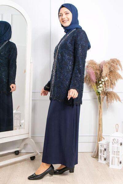 SUBU TASARIM Stone Embroidered Evening Dress Navy Blue Tbsmda2309