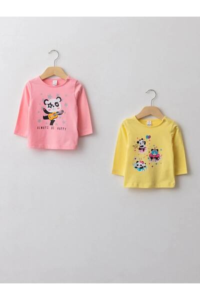 LC Waikiki LCW ECO Pembe Bisiklet Yaka Uzun Kollu Baskılı Pamuklu Kız Bebek T...