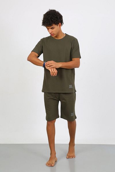Akbeniz Ανδρικό βαμβακερό Lacoste Bottom Top Capri Πιτζάμα Κοστούμι Khaki 6872