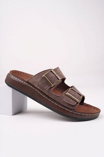 McDark Men's Brown Leather Double Buckle Orthopedic Slippers