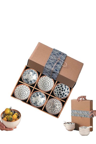 MUKKO HOME Set of 6 Porcelain Bowls 320 ml - Soup, Breakfast, Snack Gift