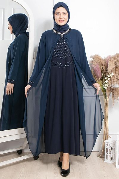 SUBU TASARIM Stone Embroidery Detailed Sequined Dress Navy Blue Tbsmda2301