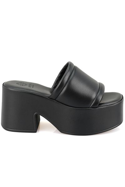 Desa Women's Black Thick Heeled Leather Slippers