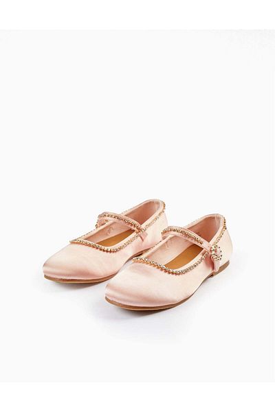Ziddy Satin Ballet Flats with Sparkles for Girls, Light Pink