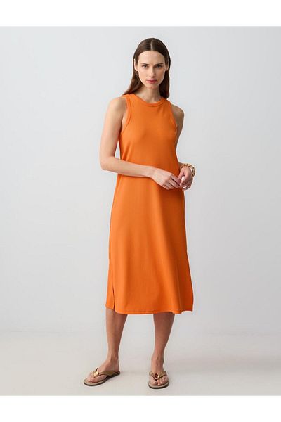 Jimmy Key Orange Relaxed Cut Sleeveless Crew Neck Knitted Midi Dress