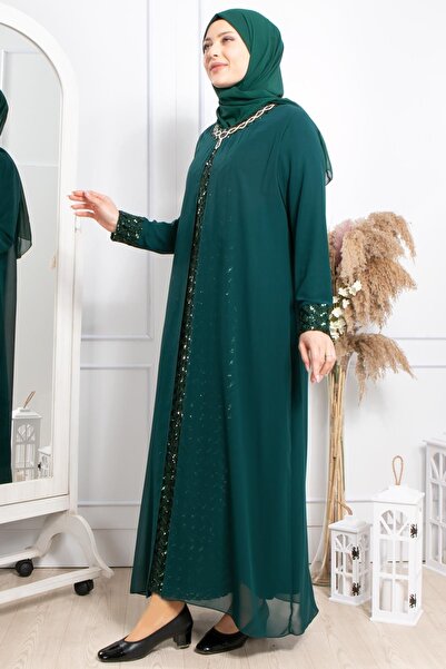 SUBU TASARIM Stone Embroidered Sequined Evening Dress Emerald Tbsmda2307