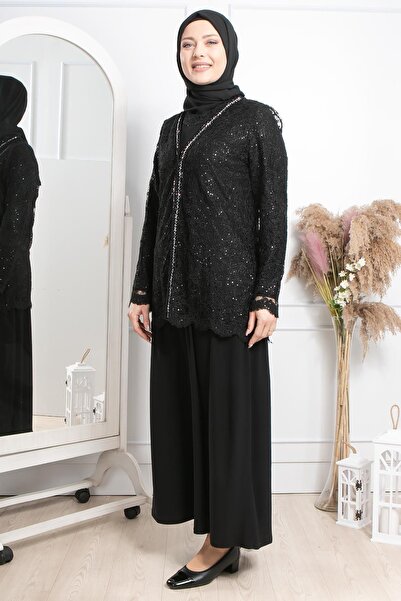 SUBU TASARIM Stone Embroidered Evening Dress Black Tbsmda2309