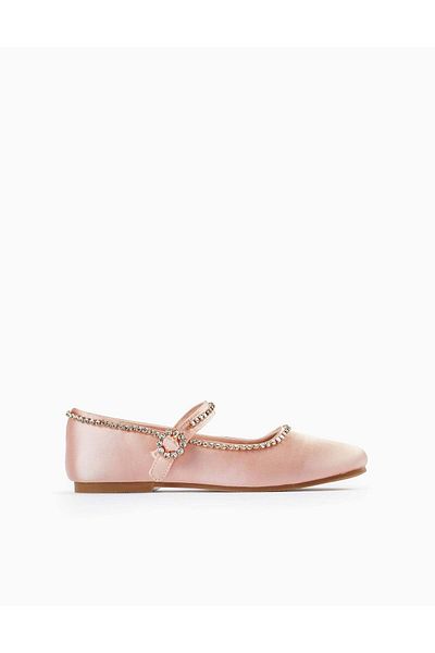 Ziddy Satin Ballet Flats with Sparkles for Girls, Light Pink