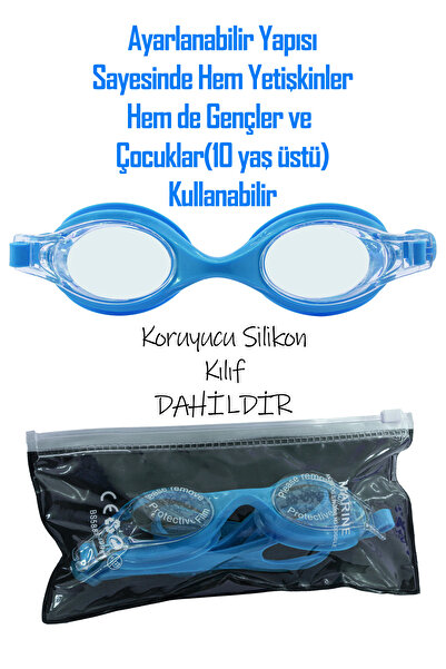 Telvesse 4lü Set Yüzücü Gözlüğü Kılıflı Kulak Burun Tıkaçlı Kumaş Bone Set Yüzme Havuz Deniz Gözlüğü Mavi