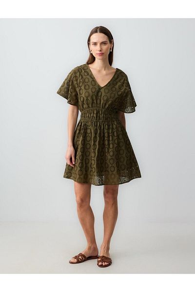 Jimmy Key Khaki V-Neck Openwork Short Sleeve Cotton Mini Woven Dress