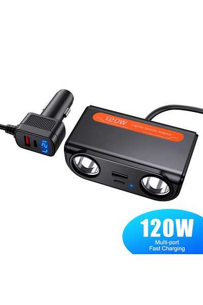 Choice 120W 7 in 1 Car Charger Adapter PD USB Socket Cigarette Lighter Splitter Fast Charge With LED Voltm
