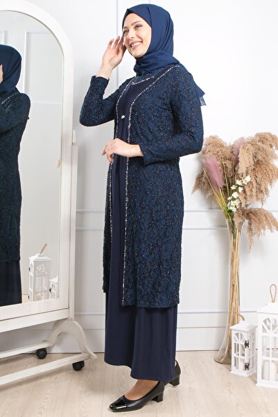 SUBU TASARIM Stone Embroidery Detailed Evening Dress Navy Blue Tbsmda2315