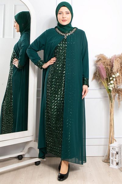 SUBU TASARIM Stone Embroidered Sequined Evening Dress Emerald Tbsmda2307