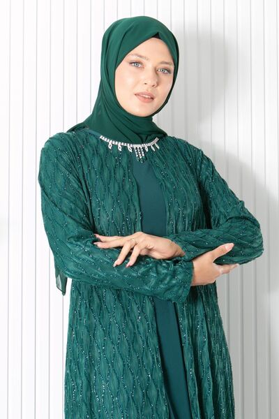 SUBU TASARIM Necklace Detailed Evening Dress Emerald Tbsmda2323