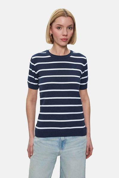 UCLA Tricou pentru femei MISHA, cu dungi bleumarin, cu decolteu, brodat, cu potrivire standard
