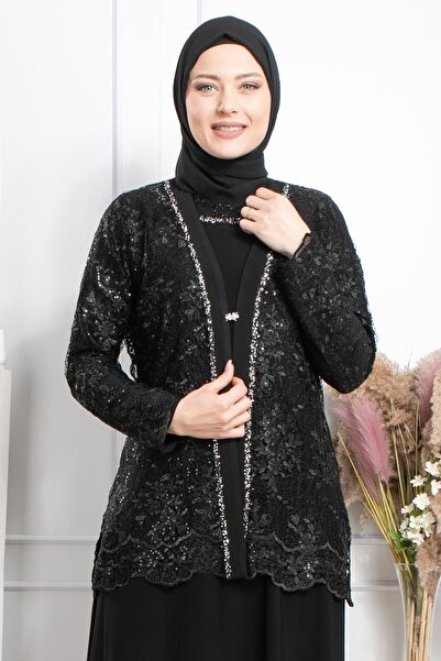 SUBU TASARIM Βραδινό φόρεμα με λεπτομέρεια πέτρας Μαύρο TBSMDA2314