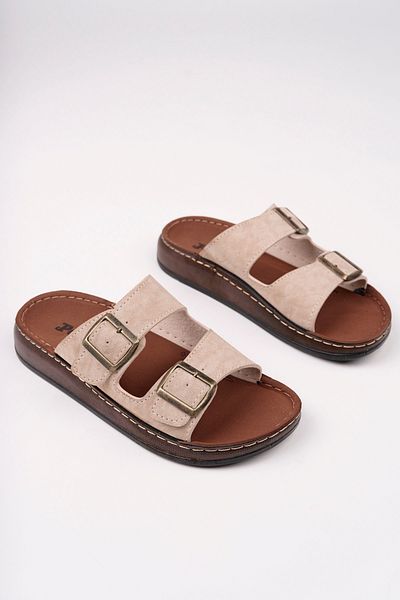 McDark Men's Beige Faux Leather Double Buckle Orthopedic Slippers