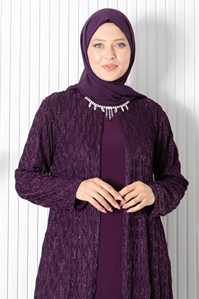 SUBU TASARIM Necklace Detailed Evening Dress Purple Tbsmda2323