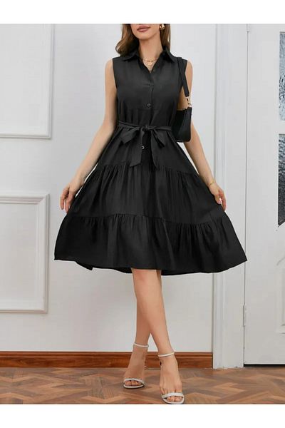 passense Women Short Sleeve Shirt Collar Buttoned Waist Belted Layered Woven Midi Dress