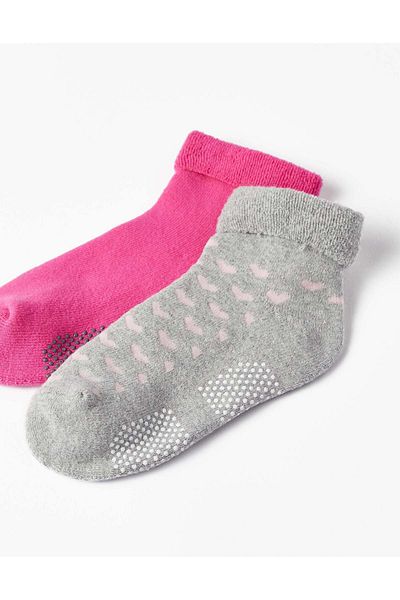 Ziddy Pack of 2 Pairs of Thick Non-Slip Socks for Girls, Grey/Pink