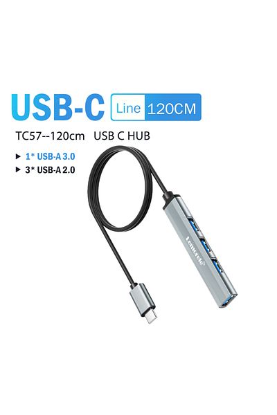lemorele موزع USB-C - 120 سم، موزع USB من النوع C، موزع USB 3.0 OTG، موزع USB C/A، 4 منافذ، محول متعدد المنافذ، كمبيوتر محمول