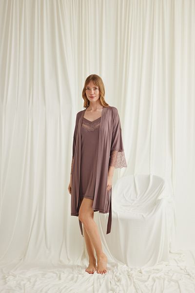 BLACKMORE Monamise Women's Coffee Low-Cut Collar and Lace Sleeve Design Nightgown-Dressing Gown Set of 2