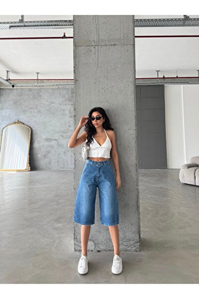 Swet Shop Jeans Kadın Yüksek Bel Soluk Efektli Vintage Bol Kesim Geniş Paça Baggy Denim Bermuda Şort