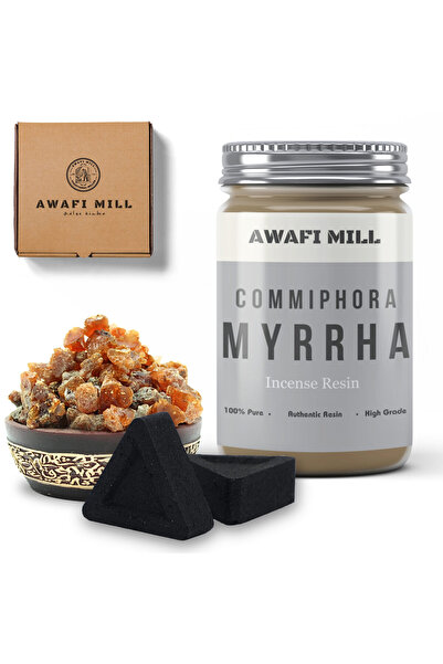 AWAFI MILL بخور راتنج المر مع قرص فحم مثلث - زجاجة 100 جرام مع 20 قطعة فحم