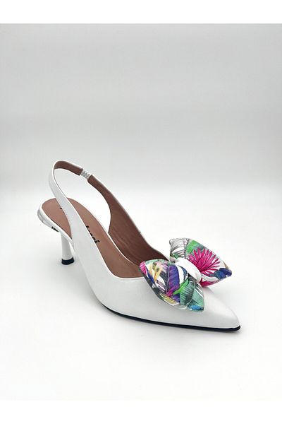 Mariolucci Women's Bow Heeled Shoes White (Flower Print) Genuine Leather