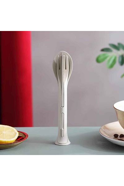 Choice Khaki Camping 3pcs Portable Tableware Set Wheat Straw Dinnerware Detachable Cutlery Travel Tableware