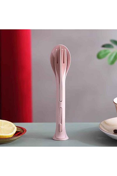 Choice Pink Camping 3PCS Portable Tableware Set Wheat Straw Dinnerware Detachable Cutlery Travel Tableware