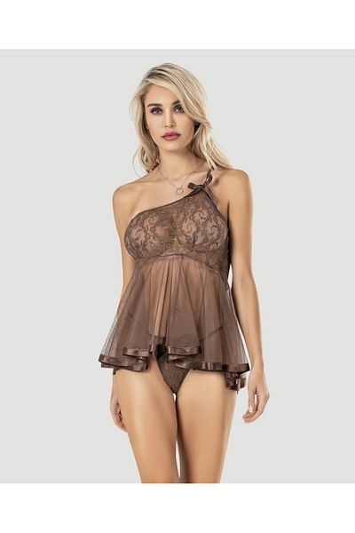 İntive Lingerie Кафява ултра мини нощница от дантела с едно рамо Moongirl