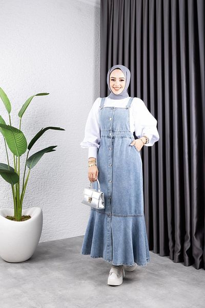 HARMAN BUTİK Women's Strap Skirt with Rubbed Denim Salopette
