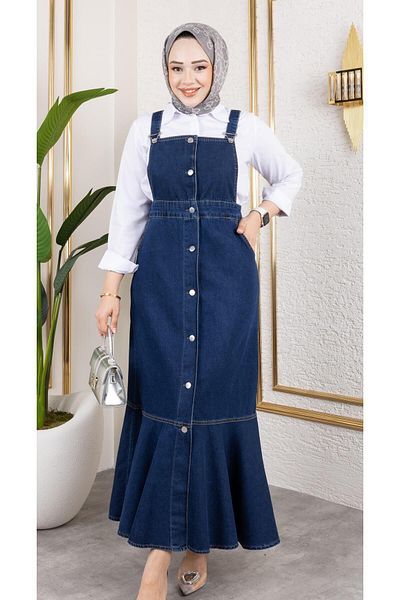 HARMAN BUTİK Women's Strap Skirt with Rubbed Denim Salopette
