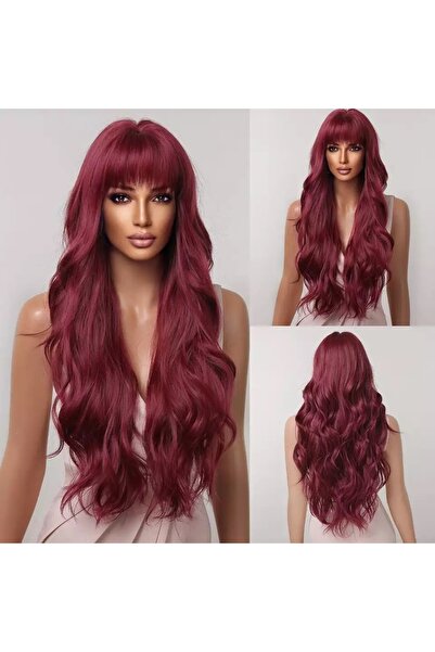 animis beauty Peruca Burgundy / Visiniu, lunga ondulata, fibra sintetica cu aspect natural, cu breton, 80 cm