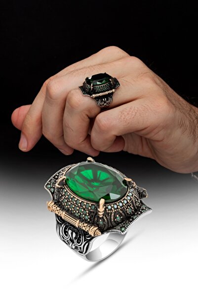 ALYANSEVİM Yeşil Taşlı Oval 925 Gümüş Erkek Yüzük