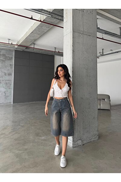 Swet Shop Jeans Kadın Yüksek Bel Soluk Efektli Vintage Bol Kesim Geniş Paça Baggy Denim Bermuda Şort