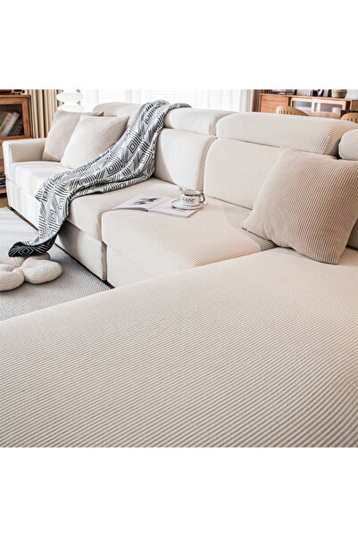 Choice غطاء وسادة مقعد أريكة قابل للإزالة والغسل من قماش الجاكار المخطط السميك باللون البيج على شكل حرف L لغرفة المعيشة