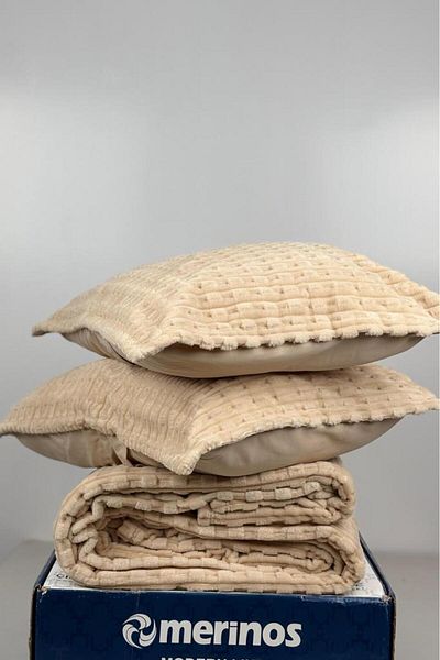 Çeyiz Diyarı Merino Twist Double Blanket Set Cappucino