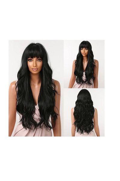 animis beauty Long Black wig, wavy, synthetic fiber with natural look, with bangs, 80 cm