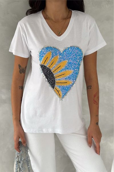 FEMELLE Tricou alb pentru femei, cu decolteu în V, cu paiete, paiete și broderie, brodat, 100% bumbac