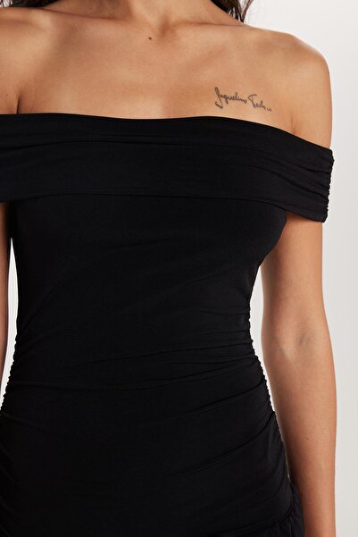 Tudors Kadın Slim Fit Dar Kesim Straplez Siyah Midi Elbise