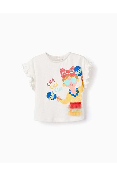 Ziddy Cotton T-shirt with Ruffles for Baby Girls 'Cha Cha Cha', White