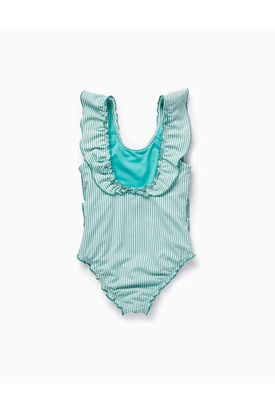 Ziddy Striped Swimsuit with Ruffles for Girls, Green/White