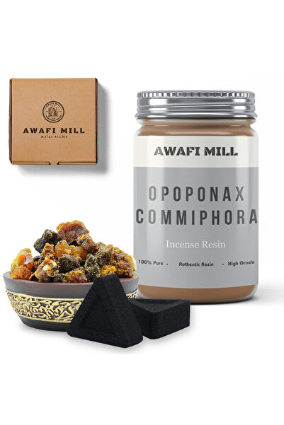 AWAFI MILL راتنج أوبوبوناكس مع أقراص فحم مثلثة - زجاجة ١٠٠ غرام مع ٢٠ قطعة فحم