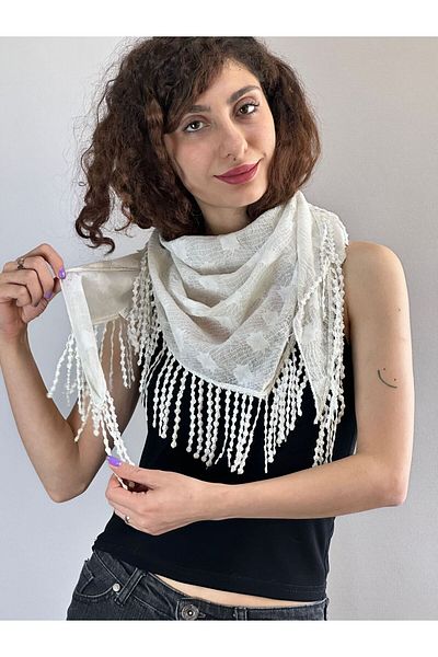 Gönülden Tasarım White Knitting Fabric Flowery Women's Fur Shawl 160X54 cm