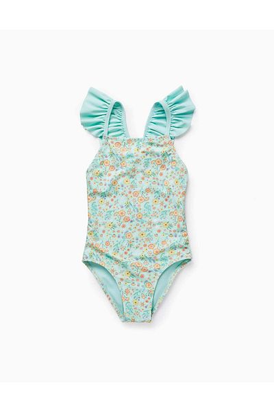 Ziddy UPF80 Floral Swimsuit for Girls, Aqua Green